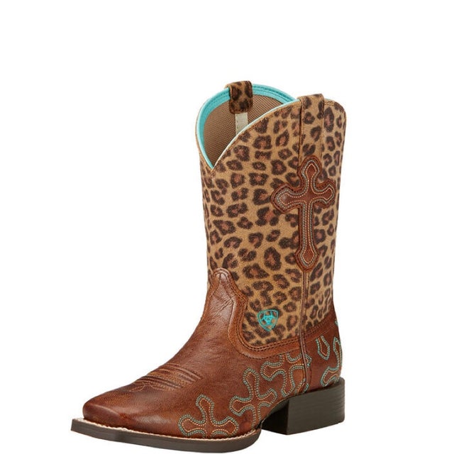 GIRLS LEOPARD PRINT WITH STITCHED CROSSES SQUARE TOE BOOTS BY ARIAT